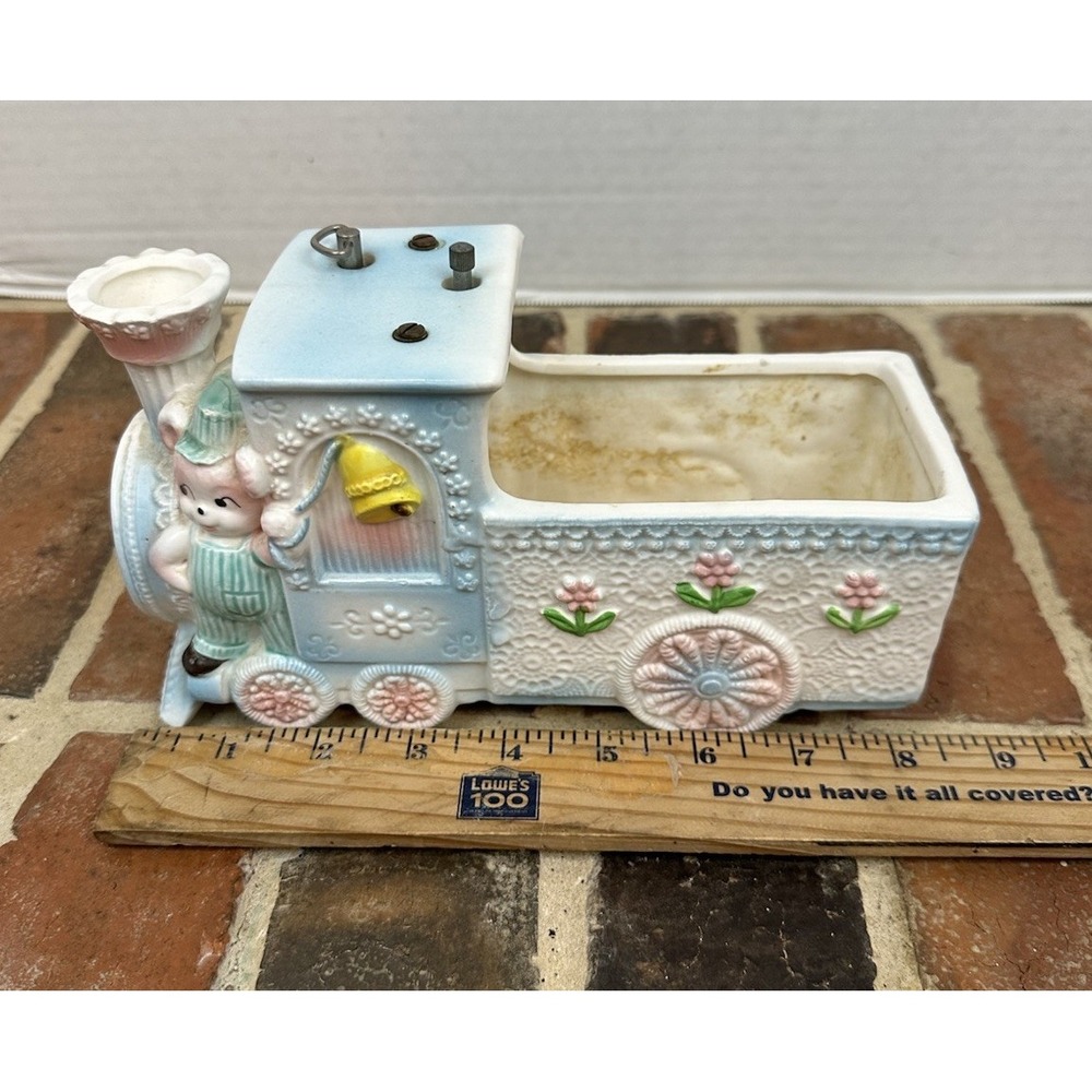 Baby Nursery Planter Wind Up Musical Train Bear Pastel Blue Pink Yellow Vintage